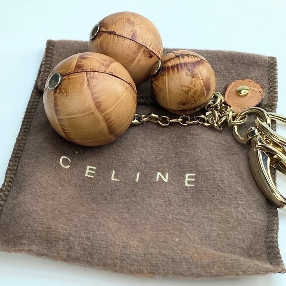 Celine RARE brown Leather Balls gold tone key ring holder in bag GS177